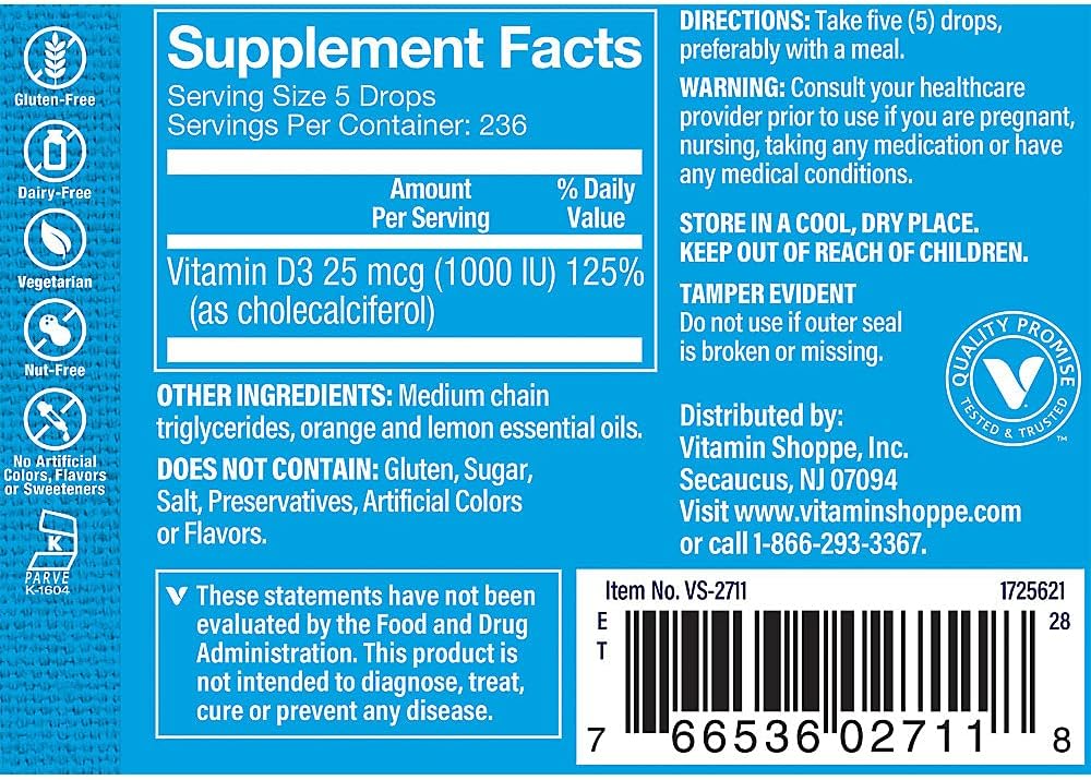 The Vitamin Shoppe Vitamina D3 Líquida 1000 UI, Sabor Cítrico, 30 ml