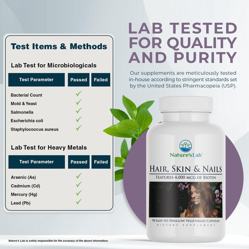Nature's Lab Hair, Skin & Nails - Biotina, BCAA, MSM, Complejo vitamínico - 90 Cápsulas