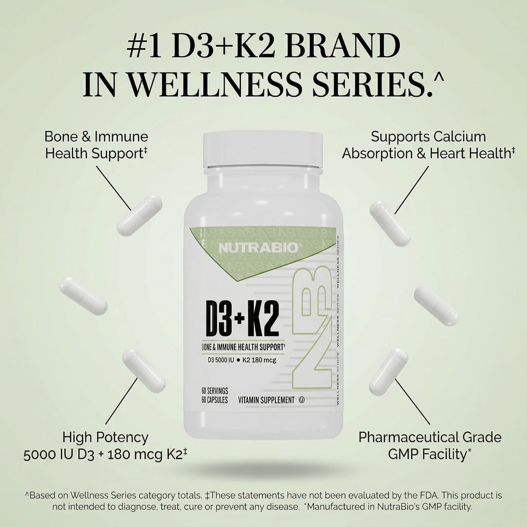 NutraBio Vitamina D3 K2 5000 UI D3 con 180 mcg K2 MK-7