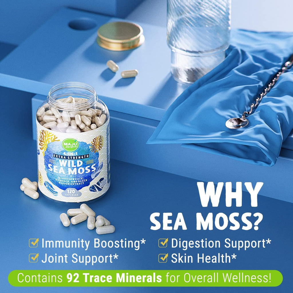 MAJU Wild Irish Sea Moss Cápsulas 4 en 1 (120ct) con Bladderwrack y Bardana