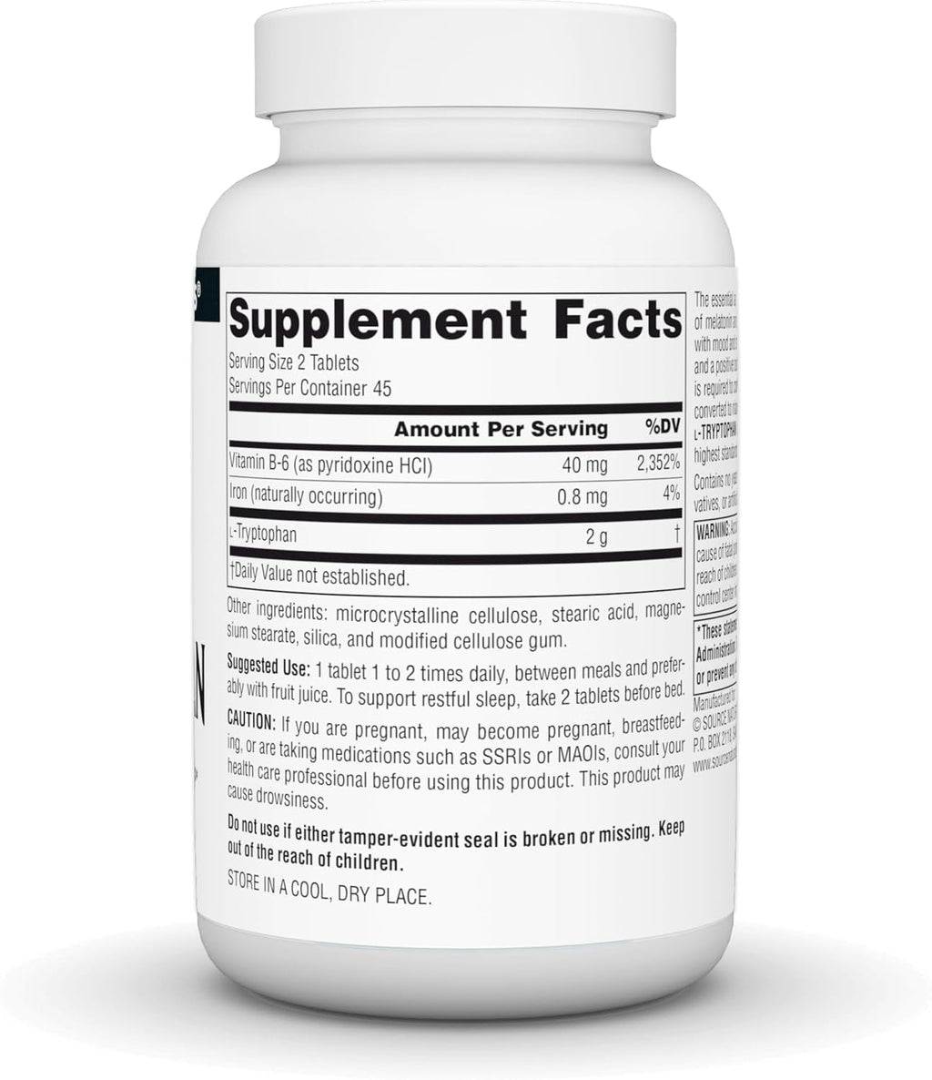 Source Naturals L-Triptófano con Vitamina B6 para el Estado de Ánimo, Relajación y Sueño - 1000 mg - 90 Comprimidos
