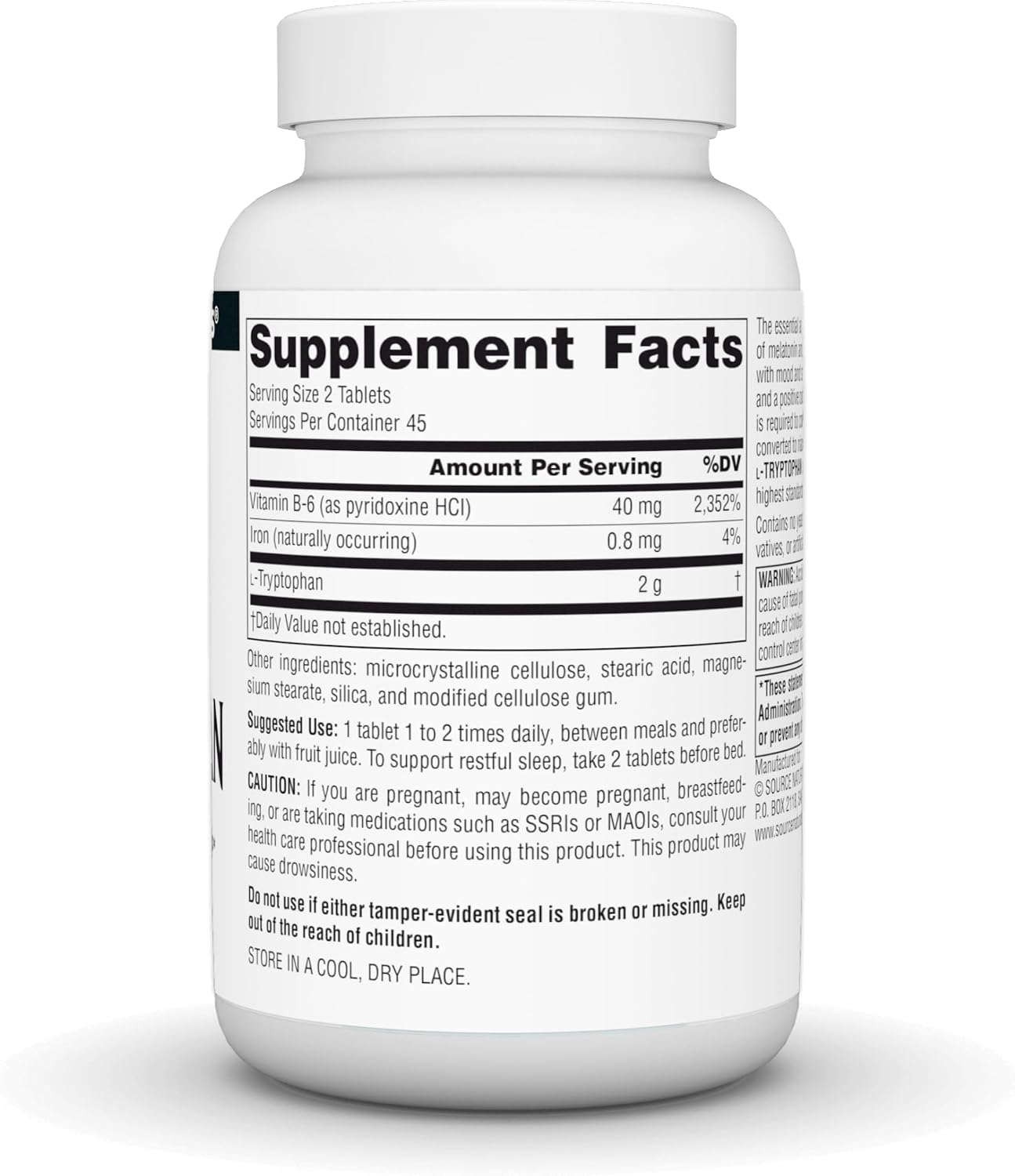 Source Naturals L-Triptófano con Vitamina B6 para el Estado de Ánimo, Relajación y Sueño - 1000 mg - 90 Comprimidos