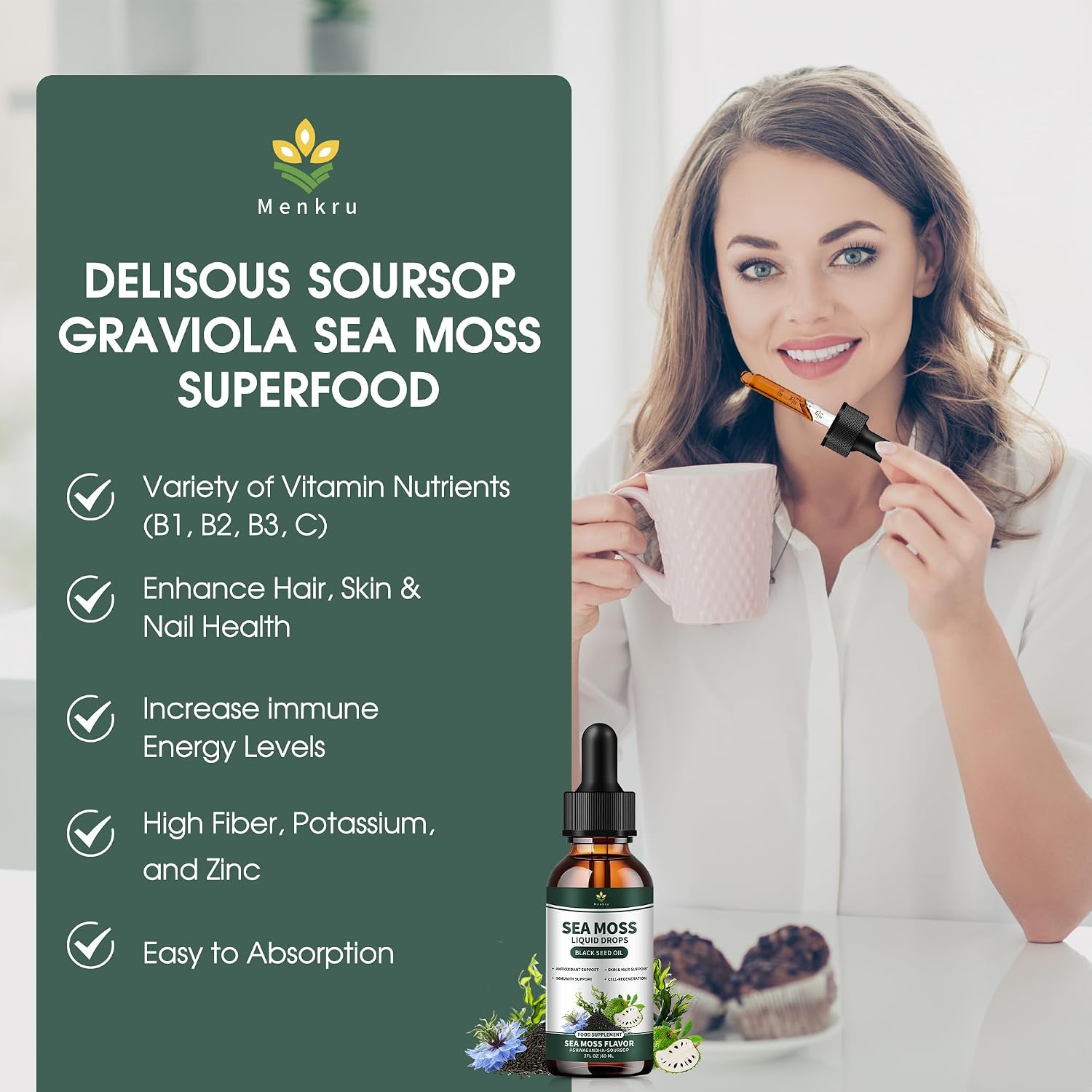 (2 Pack) Gotas Líquidas de Sea Moss con Aceite de Nigella, Soursop y Algas Irish Moss