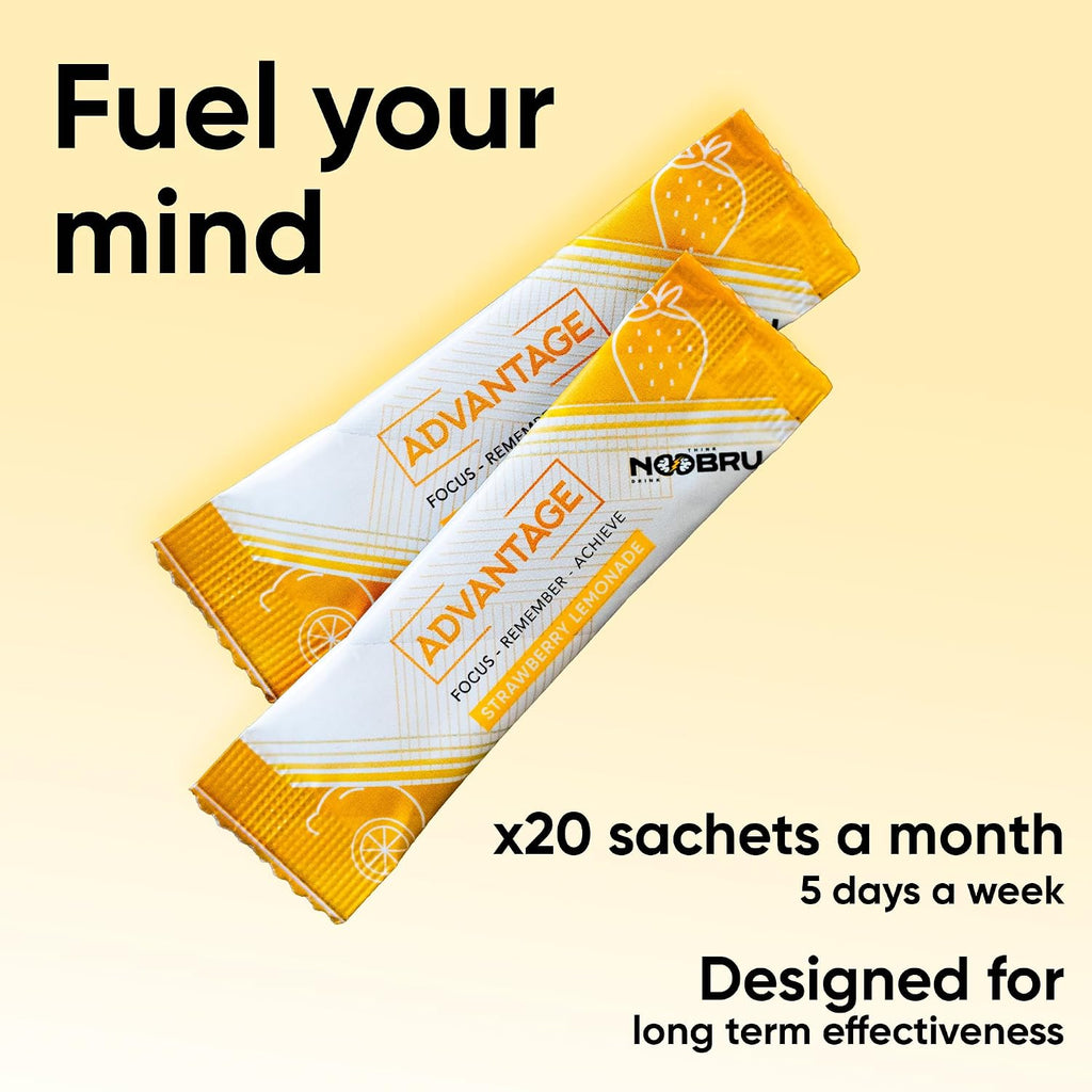 Noobru Advantage Nootropic - Suplemento de Nootrópicos con 11 Ingredientes Activos - 20 Sobres Sabor Fresa Limón