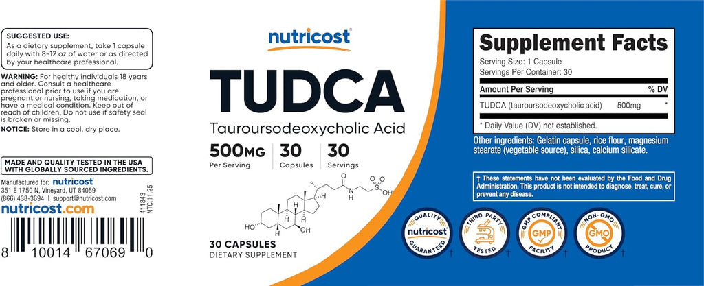 Nutricost TUDCA 500mg, 30 Cápsulas (Ácido Tauroursodesoxicólico)