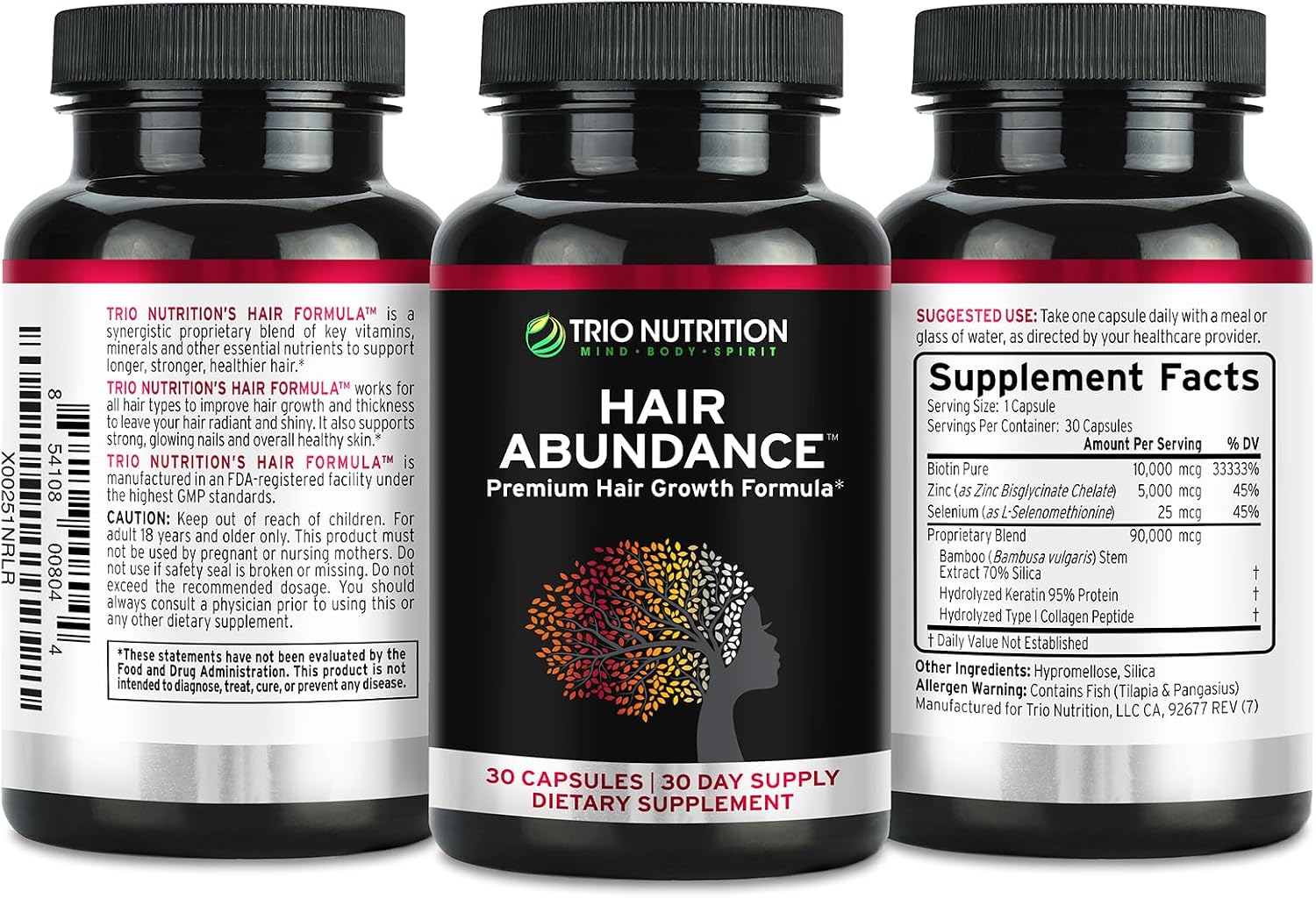 TRIO NUTRITION Hair Abundance | Suplemento de Biotina 10000mcg con Colágeno, Keratina, Zinc y Selenio