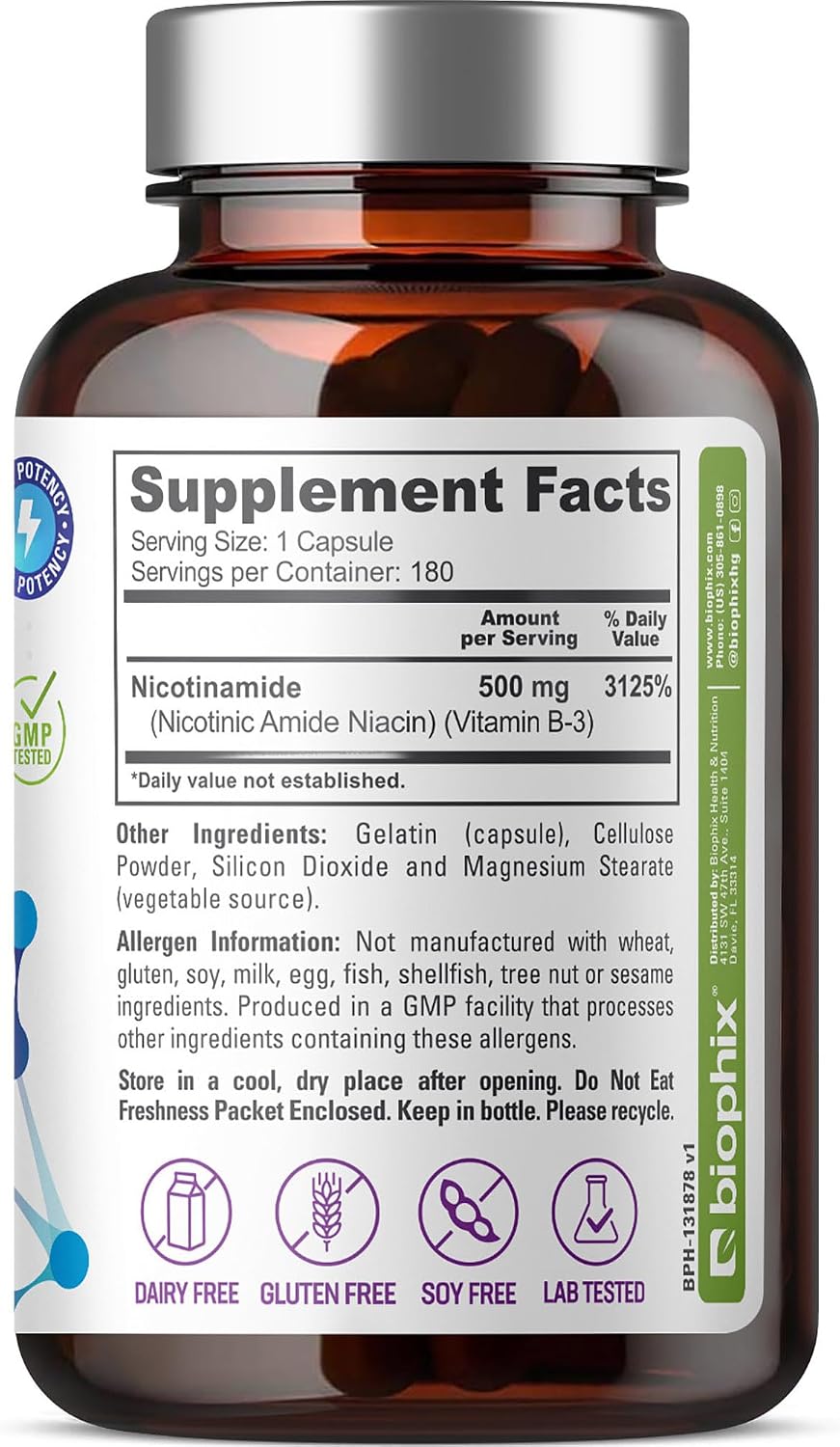 biophix B-3 Nicotinamida 500 mg 180 Cápsulas - Fórmula de Niacina Sin Enrojecimiento