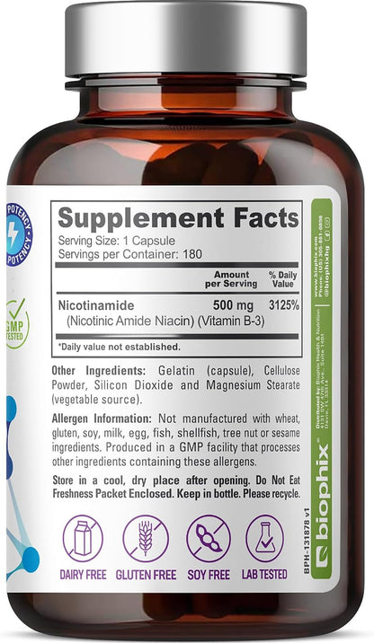 biophix B-3 Nicotinamida 500 mg 180 Cápsulas – Contribuye a la función psicológica normal. – Image 8