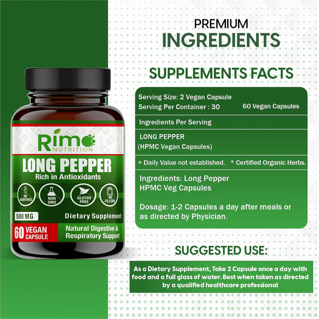 Long Pepper (Pimienta Larga) 60 Cápsulas Veganas – Suplemento Natural con Piperlongumina (500 mg)