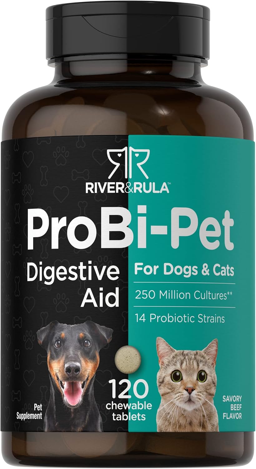 Horbaach Probióticos para Perros y Gatos | 120 Comprimidos Masticables | Salud Digestiva | 14 Cepas Probióticas | Sabor a Ternera | River & RULA