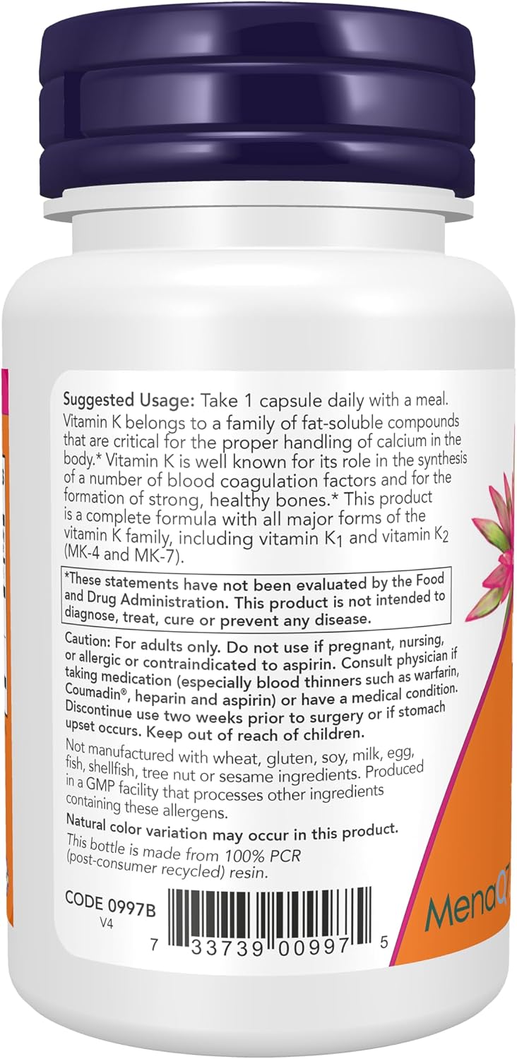 NOW Foods MK-7 Plus con K1 y MK-4 - 90 Cápsulas Veganas