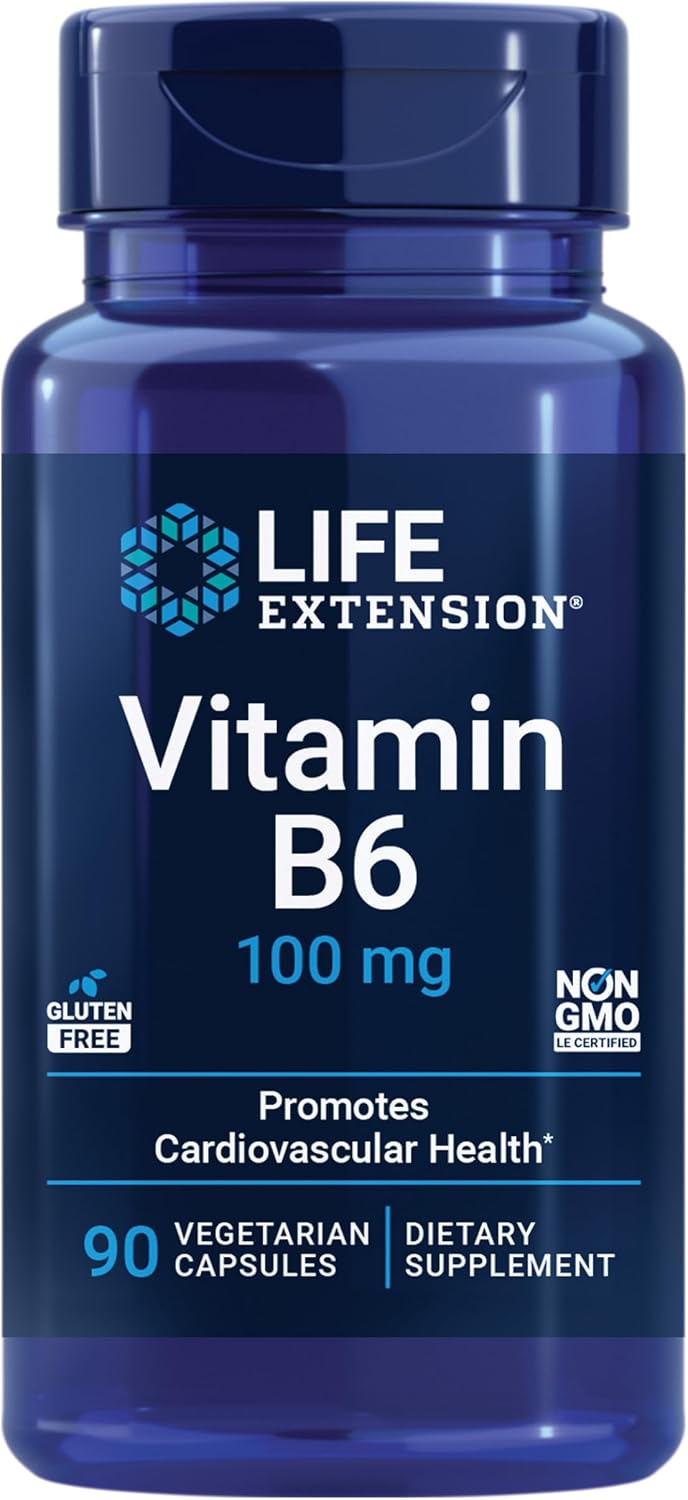 Life Extension Vitamina B6, 100 mg, Alta Potencia, Salud Cardiovascular, Neurológica y Ocular, Sin Gluten, No Transgénico, Vegano, 90 Cápsulas