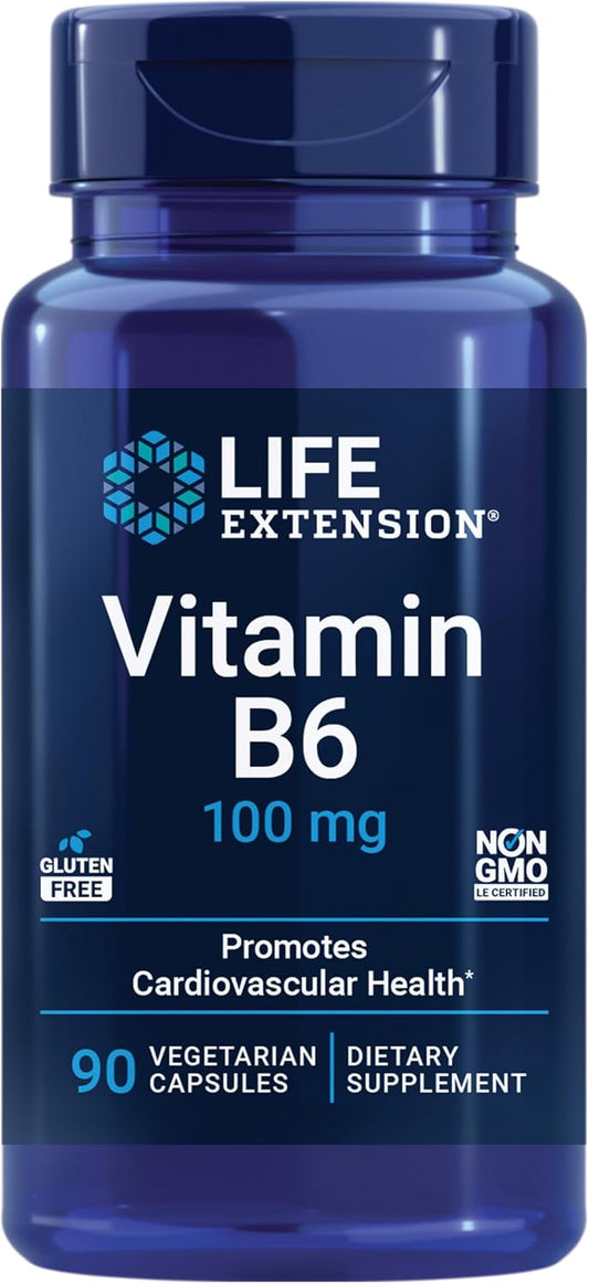 Life Extension Vitamin B6, 100 mg, High Potency, Cardiovascular, Neurological & Eye Health, Gluten Free, Non-GMO, Vegan, 90 Capsules