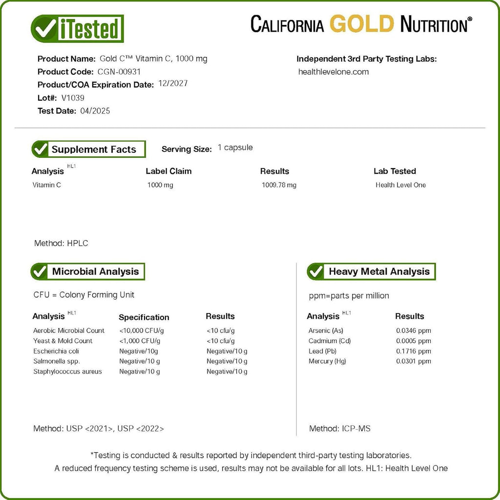 California Gold Nutrition Gold C, Vitamina C 1000 mg, 60 Cápsulas Vegetales
