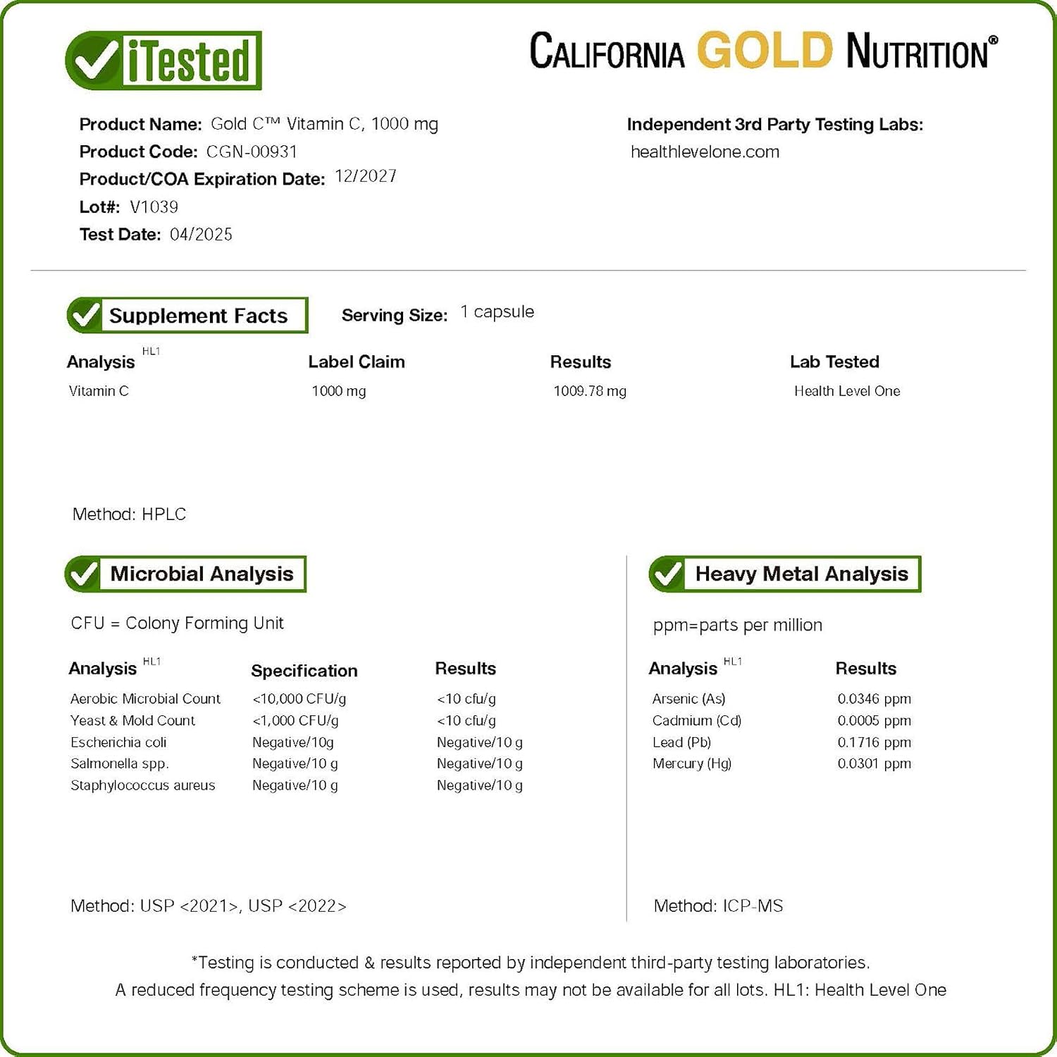 California Gold Nutrition Gold C, Vitamina C 1000 mg, 60 Cápsulas Vegetales