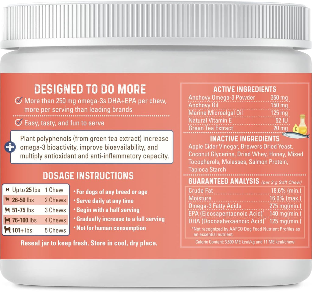 Bernie's OMG! Omega Masticables para Perros - 5X Extra Fuerza DHA+EPA, Aceite de Pescado, Piel y Pelaje Saludables, Alivio de Alergias, Suplemento Articular (Sabor Salmón)