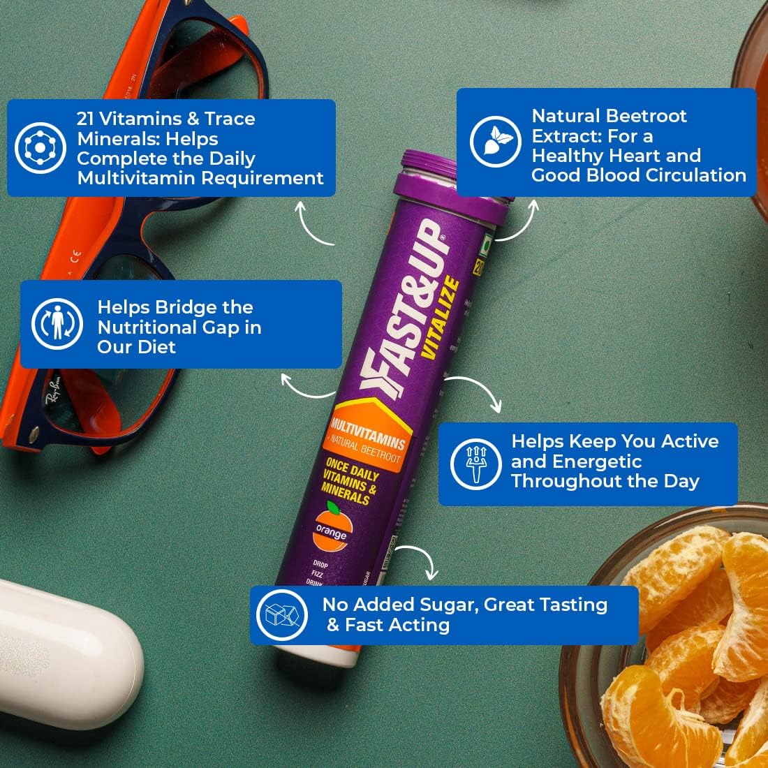 Fast & Up Vitalize Multivitamínico Efervescente - 21 Vitaminas y Minerales - 60 Comprimidos - Sabor Naranja