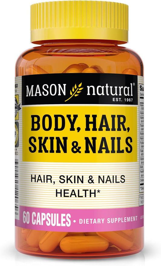 MASON NATURAL Suplemento Premium para Cabello, Piel y Uñas con Biotina y Vitaminas A, C, E y Complejo B, 60 Cápsulas