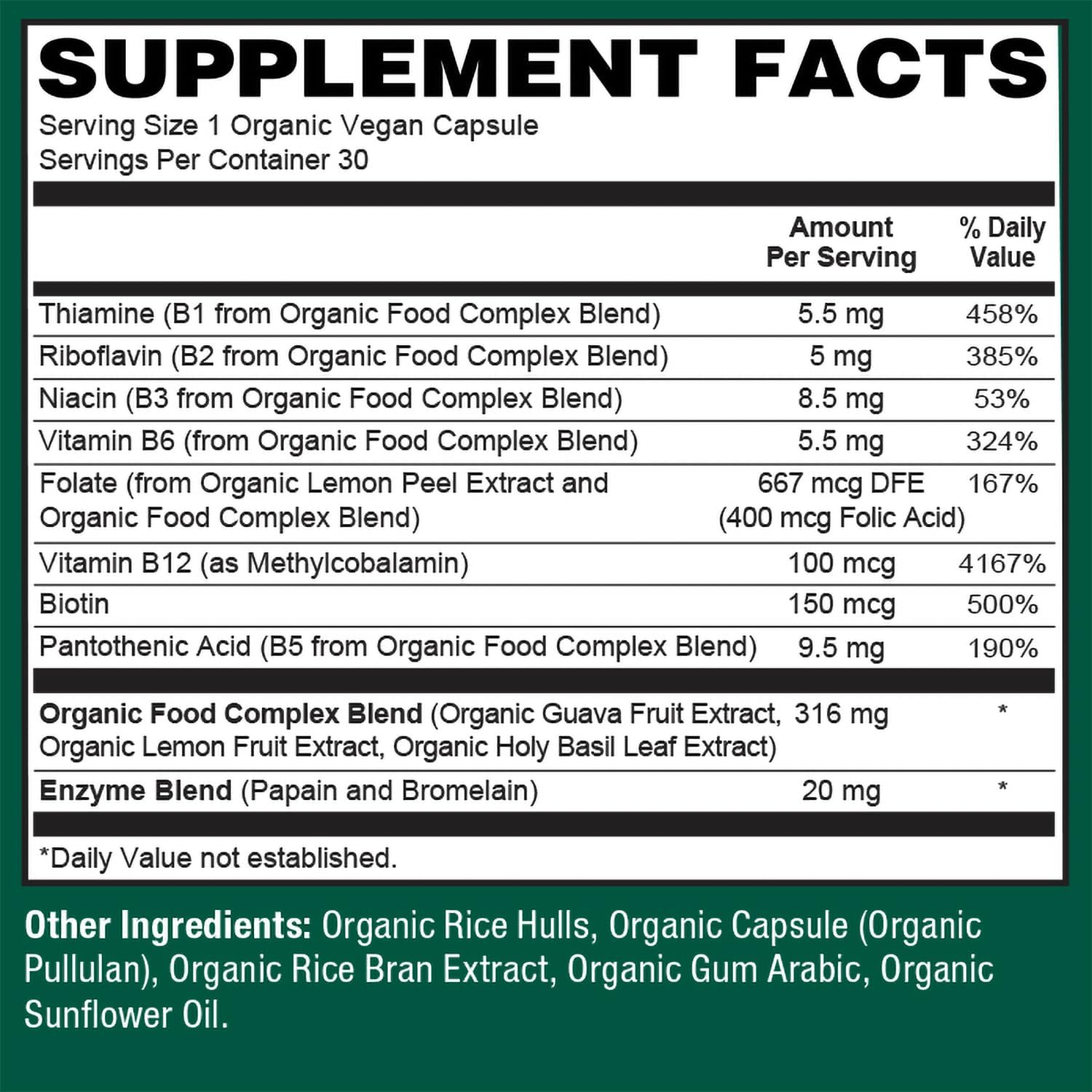 PlantFusion Organic Vitamin B-Complex, Complejo B Orgánico Vegano con B12 Metilada - 30 Cápsulas