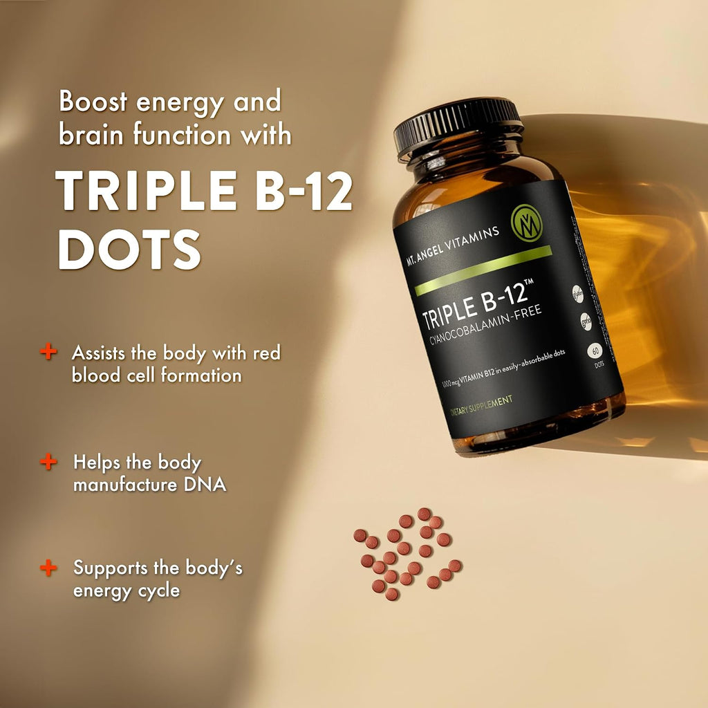 Mt. Angel Vitamins - Triple B-12 Dots | Pastillas sublinguales de rápida disolución, mezcla de metilcobalamina, adenosilcobalamina e hidroxocobalamina, apoya la energía y la salud del sistema nervioso – 60 pastillas