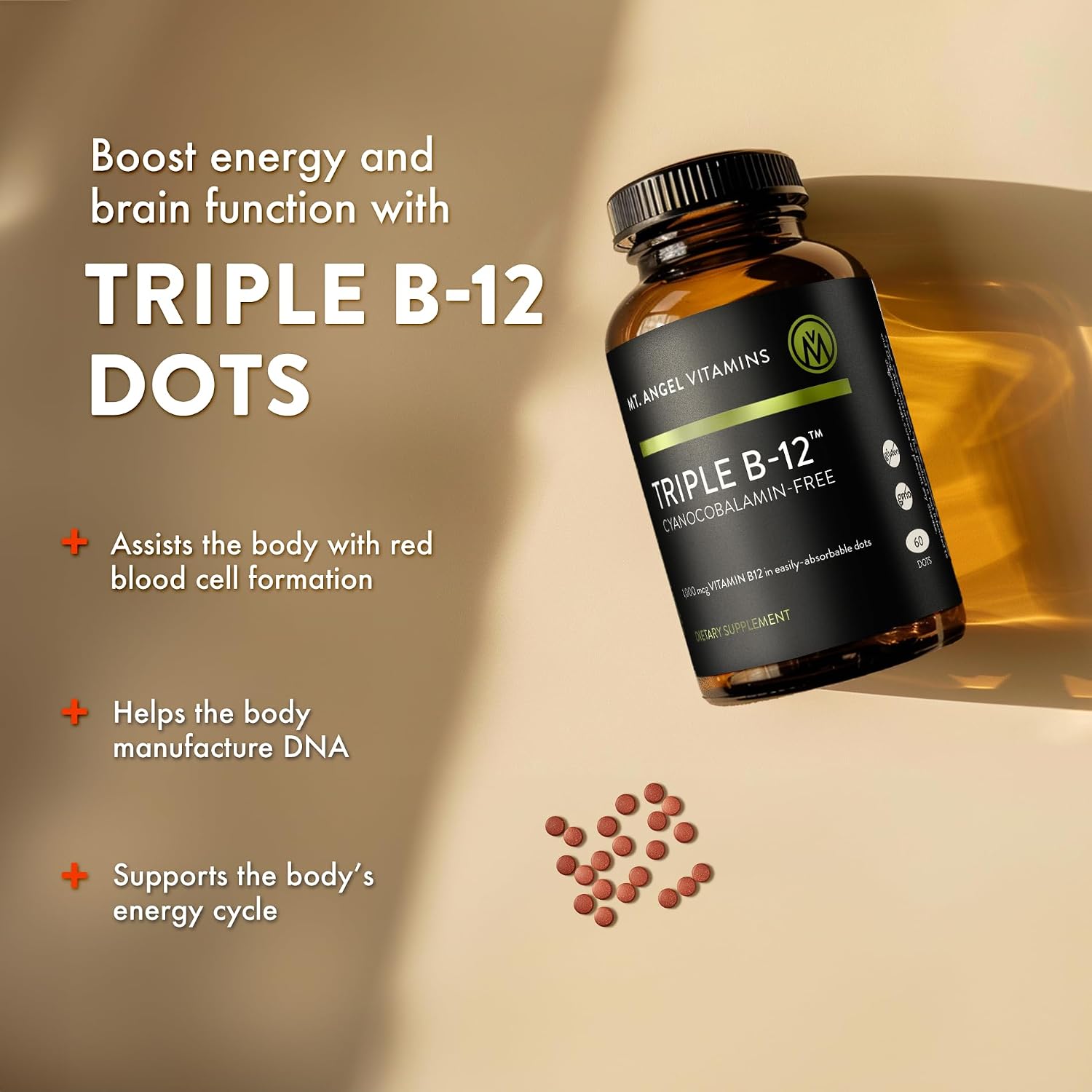 Mt. Angel Vitamins - Triple B-12 Dots | Pastillas sublinguales de rápida disolución, mezcla de metilcobalamina, adenosilcobalamina e hidroxocobalamina, apoya la energía y la salud del sistema nervioso – 60 pastillas