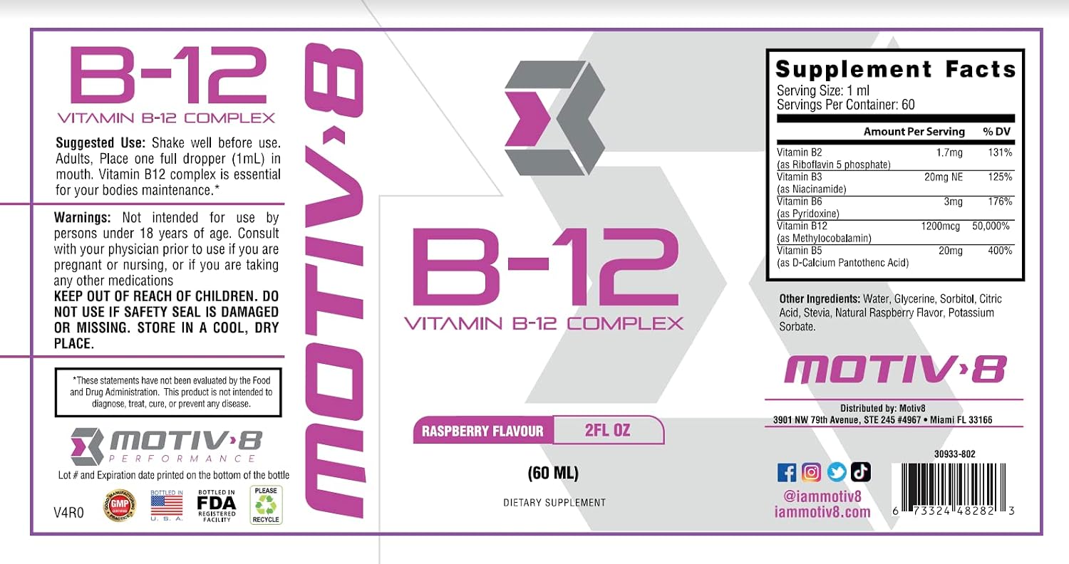 Motiv-8 Essentials Gotas de Vitamina B12, Sublingual, Sabor Frambuesa, 60 Dosis