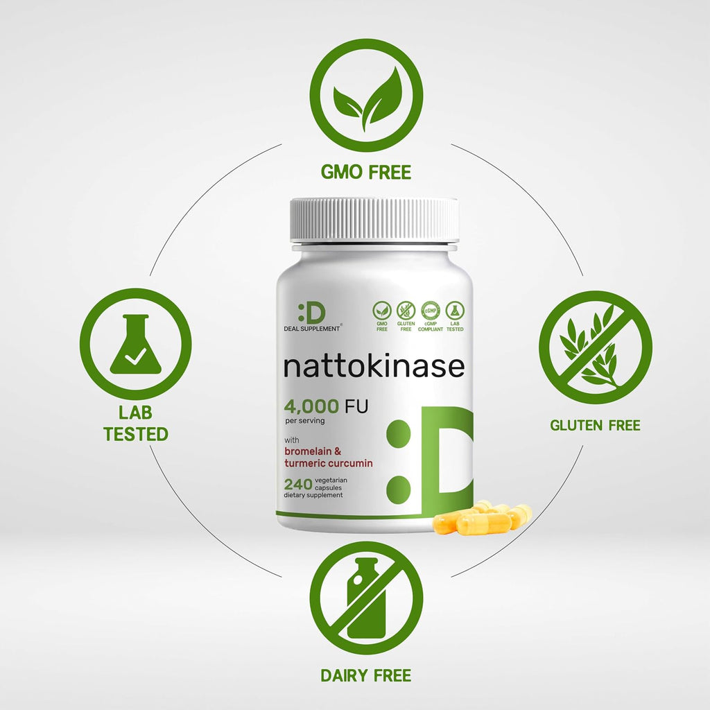 Nattokinase 4.000 FU por Ración (240 Cápsulas Veganas) – Complejo con Bromelina, Cúrcuma y Pimienta Negra – Enzimas Digestivas – No Transgénico, Vegano