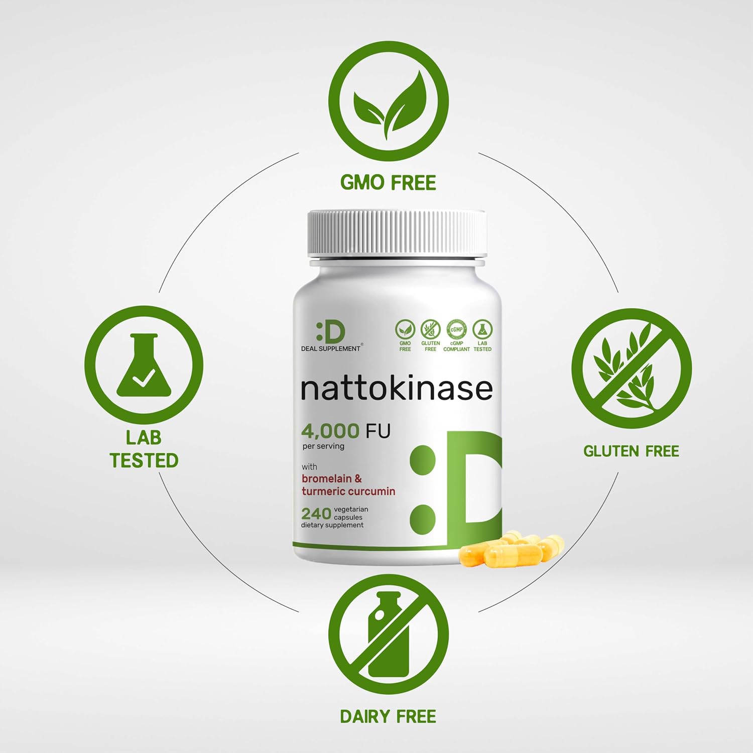 Nattokinase 4.000 FU por Ración (240 Cápsulas Veganas) – Complejo con Bromelina, Cúrcuma y Pimienta Negra – Enzimas Digestivas – No Transgénico, Vegano