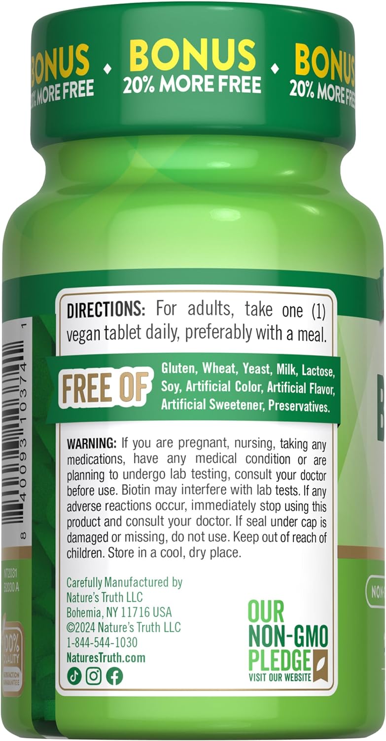 Nature's Truth Biotina 1000 mcg | 120 Comprimidos | Vegano, Sin Gluten, No-GMO