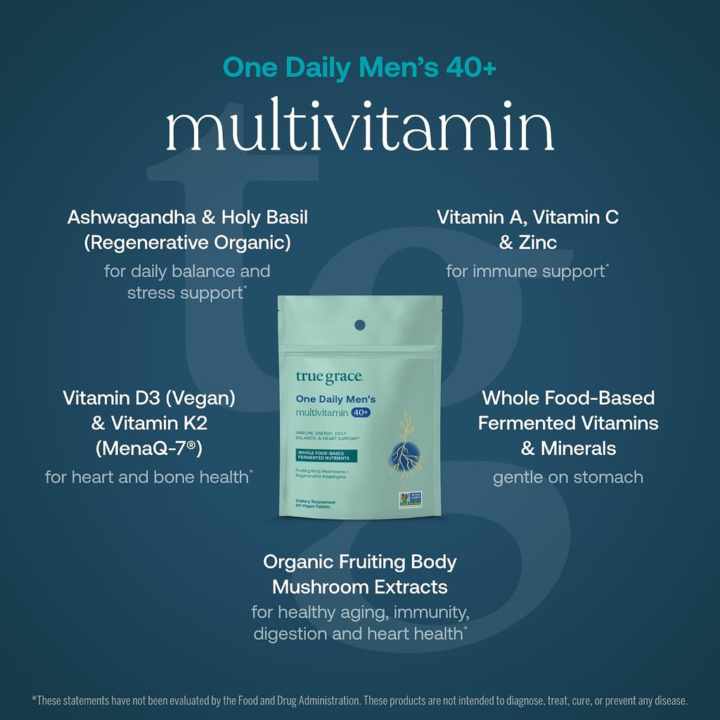 True Grace Men's 40+ One Daily Multivitamin – Minerales Fermentados, Adaptógenos Orgánicos y Hongos – 90 Tabletas Veganas