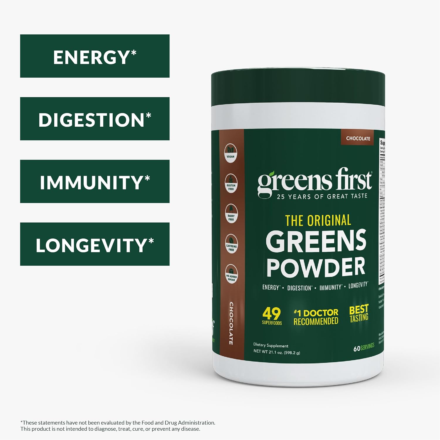 Greens First Original Greens Powder - 49 Superfoods - Chocolate - 60 Porciones