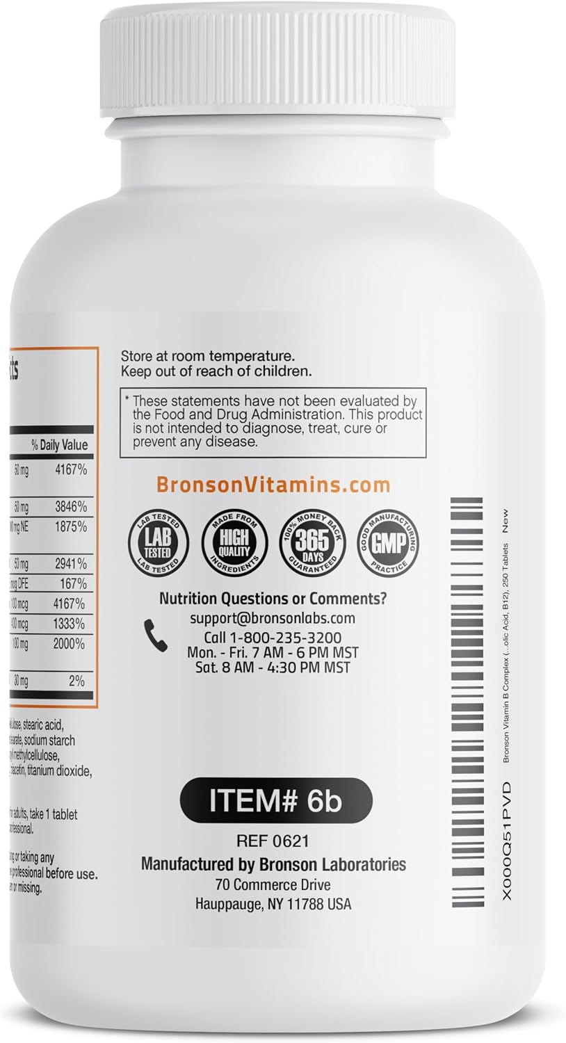 Bronson Complejo B - Vitaminas B1, B2, B3, B6, B9 (Ácido Fólico) y B12 - 250 Tablets