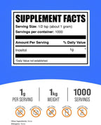 BulkSupplements Inositol en Polvo - Suplemento de Inositol (Vitamina B8) - Sin Sabor y Sin Gluten - 1g por Ración - 1kg (2.2 lbs)