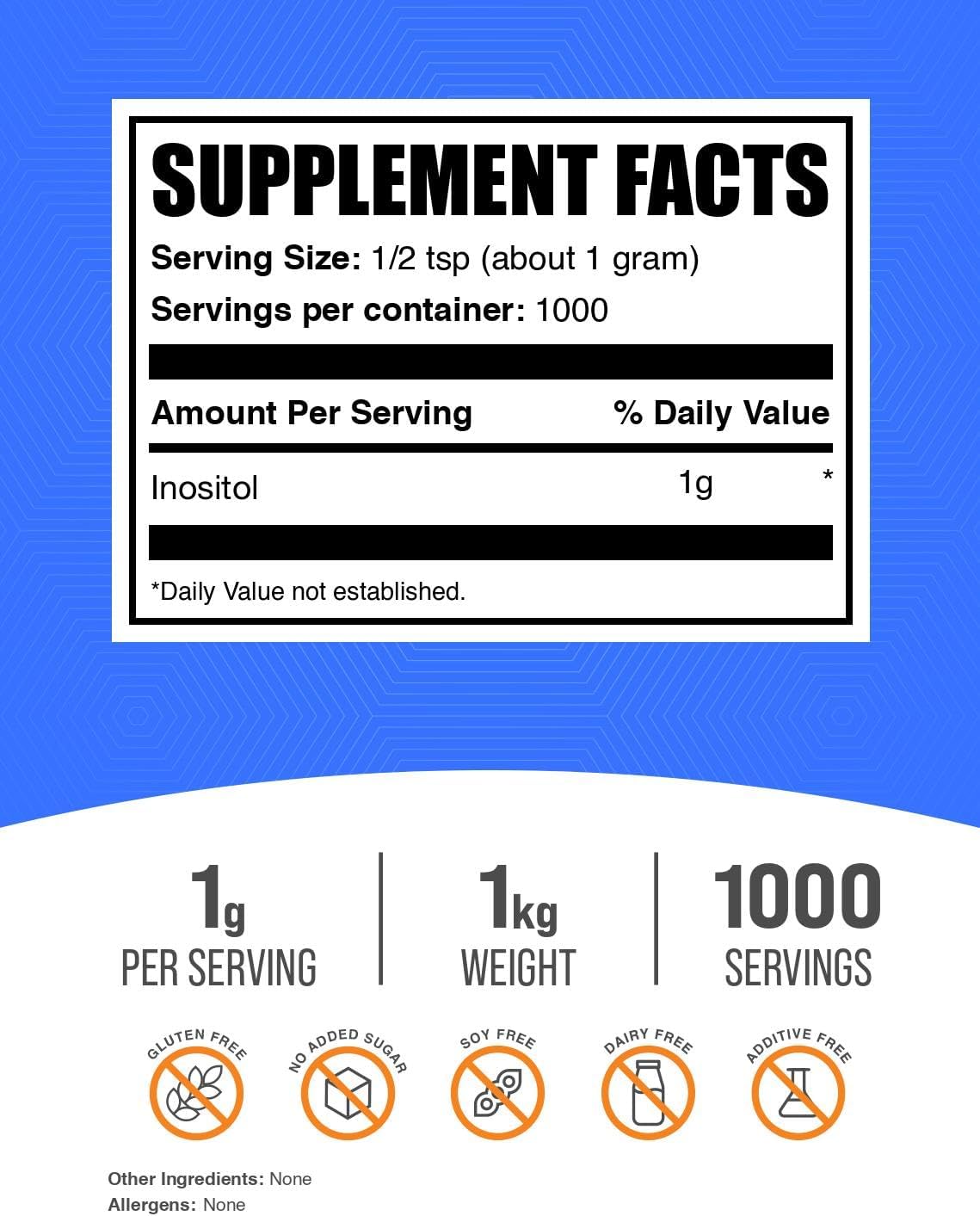 BulkSupplements Inositol en Polvo - Suplemento de Inositol (Vitamina B8) - Sin Sabor y Sin Gluten - 1g por Ración - 1kg (2.2 lbs)