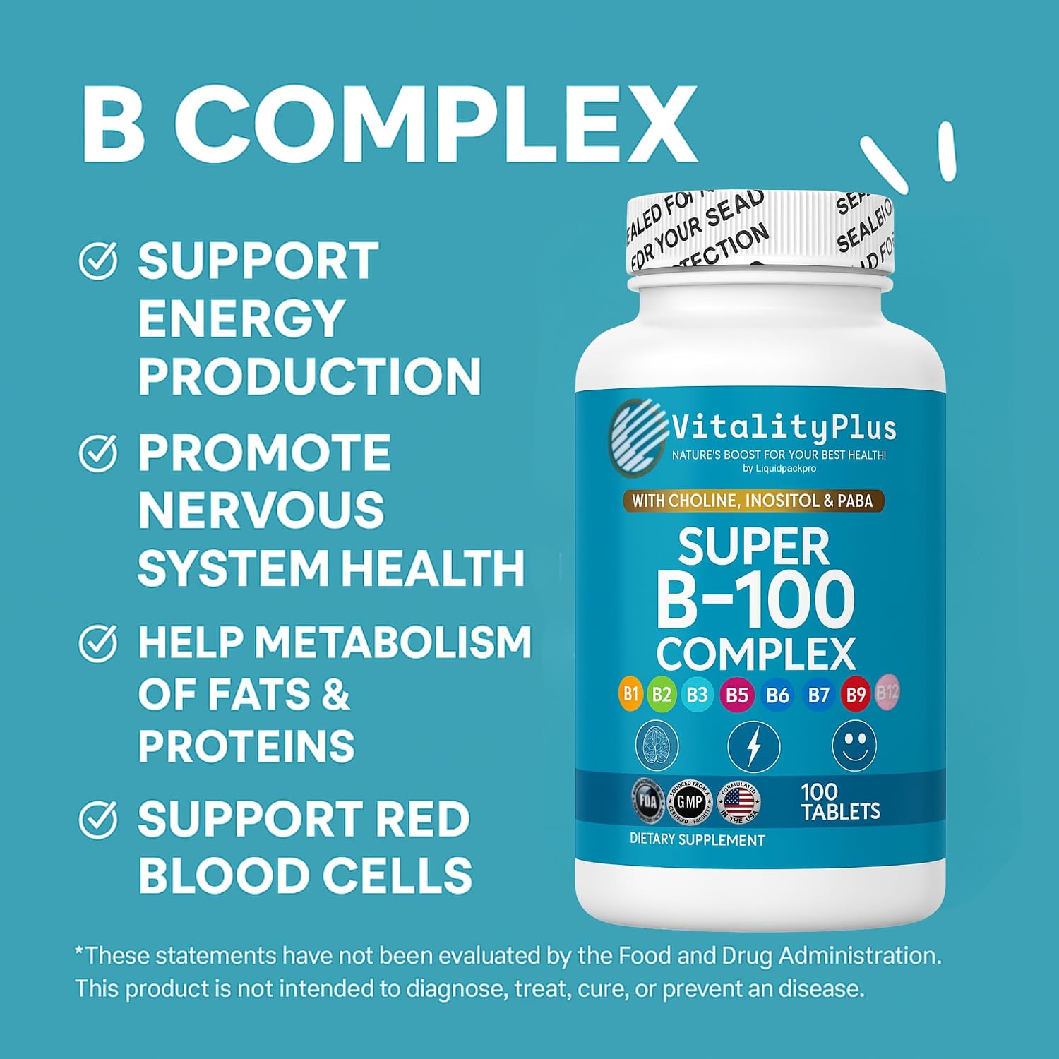 Super B-100 Complex – Complejo de Vitaminas B – Alta Potencia con Colina, Inositol y PABA – 100 Comprimidos