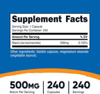 Nutricost Niacinamida (Vitamina B3) 500mg, 240 Cápsulas - Sin Enrojecimiento, No Transgénico, Sin Gluten