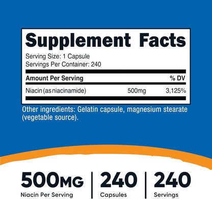 Nutricost Niacinamida (Vitamina B3) 500mg, 240 Cápsulas - Sin Enrojecimiento, No Transgénico, Sin Gluten – Image 2