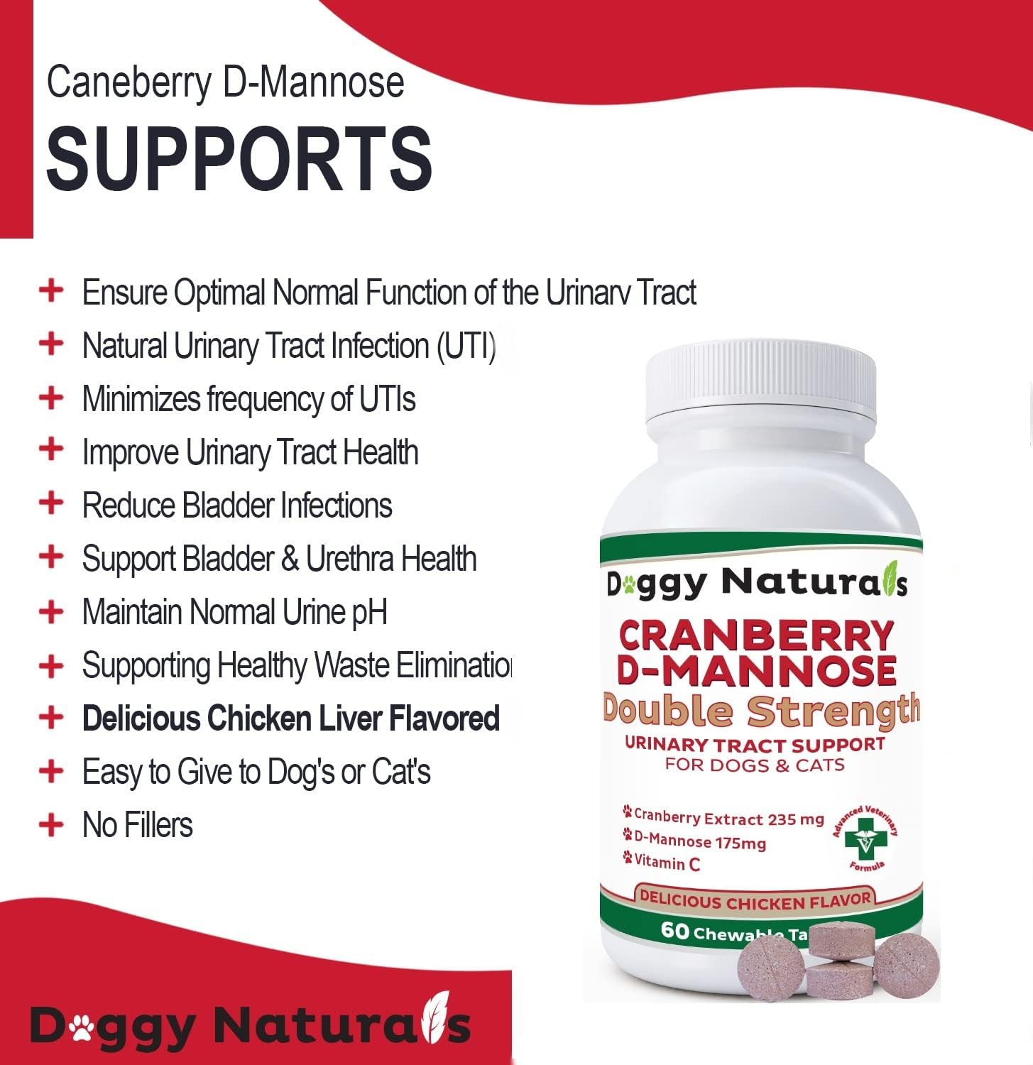 Cranberry D-Mannose para Perros y Gatos - Apoyo Urinario - Tabletas Doble Concentración (60 unidades)