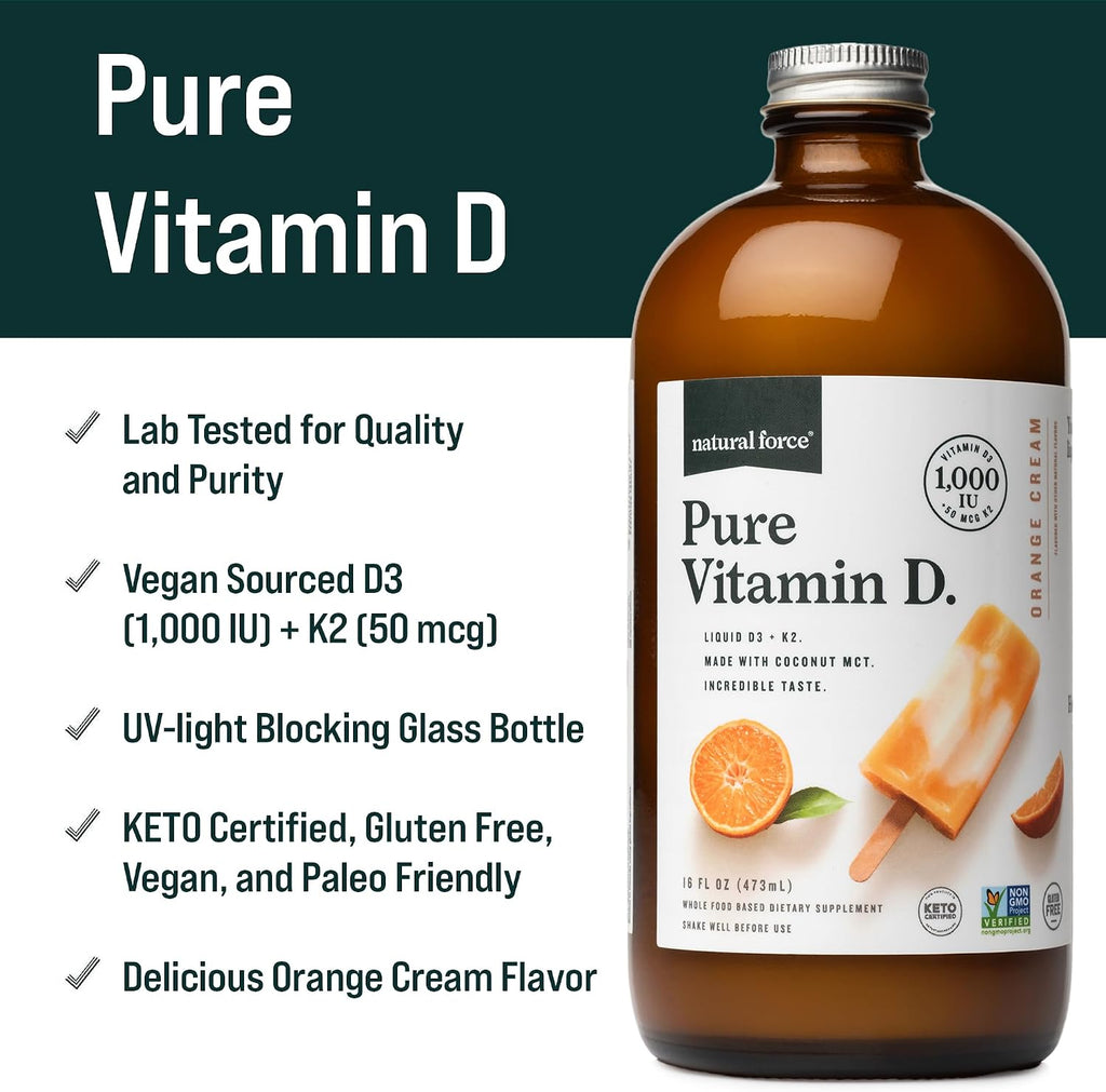 Natural Force Pure Vitamin D – Líquido D3 y K2 con MCT de Coco – 1,000 UI – Vegano – Sabor Naranja Crema – 473 ml
