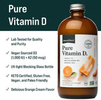 Natural Force Pure Vitamin D – Líquido D3 y K2 con MCT de Coco – 1,000 UI – Vegano – Sabor Naranja Crema – 473 ml