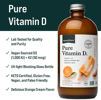 Natural Force Pure Vitamin D – Líquido D3 y K2 con MCT de Coco – 1,000 UI – Vegano – Sabor Naranja Crema – 473 ml – Image 2