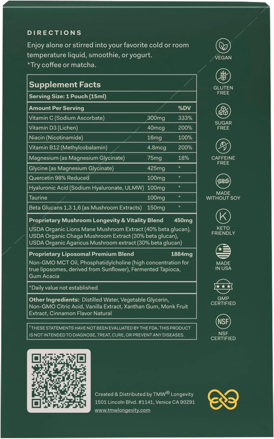 Essential Longevity® — 100% Liposomal 15-in-One Stack. NAD+ Precursor Nicotinamida, Quercetina, C, D3, B12, Magnesio Glicinato, Melena de León, Chaga, Agaricus, Taurina, Hialuronato Sódico. 30 Sobres.