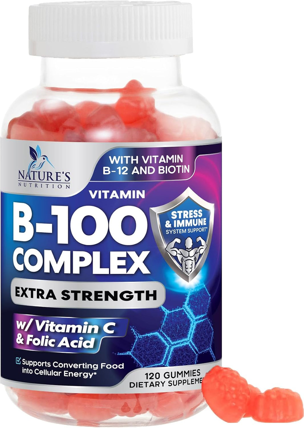 Vitamin B Complex Gummies – Extra Strength Super B Vitamin Gummy con Vitamina C, Apoyo Inmunológico para Hombres y Mujeres – Suplemento de Energía y Apoyo Cerebral con Ácido Fólico, Niacina, B6, B12 – 60 Gominolas