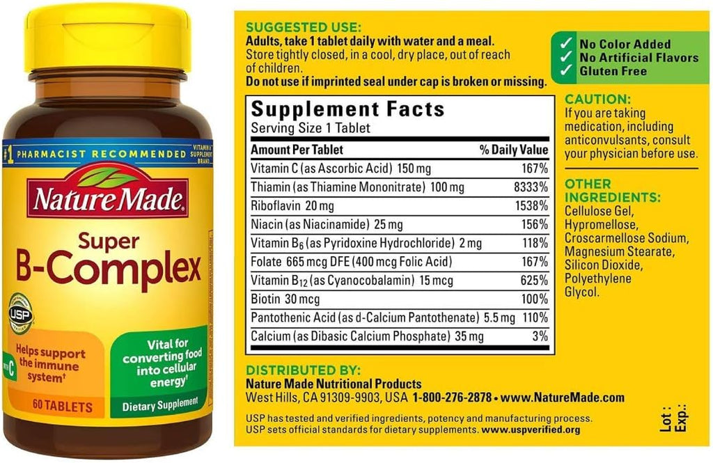 Nature Made Super B-Complex con Vitamina C y Ácido Fólico, 60 comprimidos