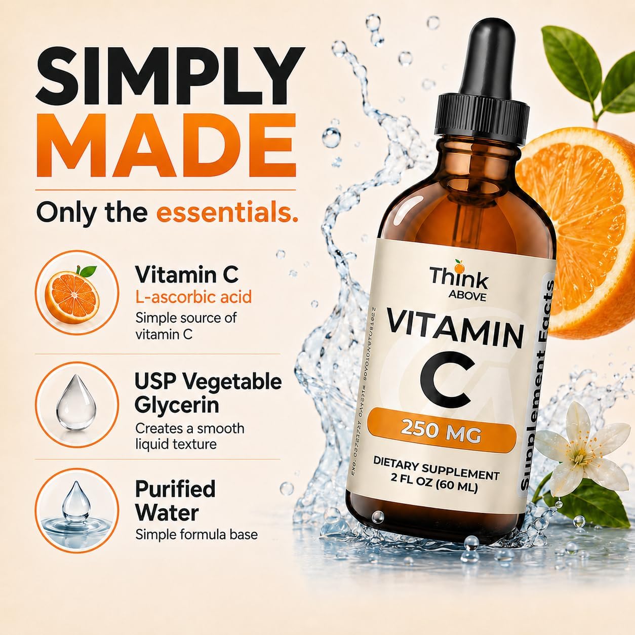 Think Above Vitamina C Líquida, 250 mg por Dosis, Ácido Ascórbico (L-ascórbico), 30 Dosis, 60 ml