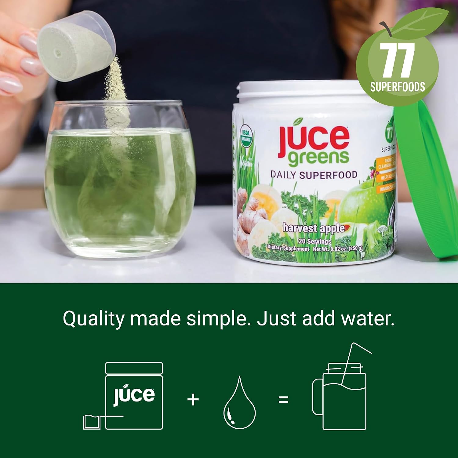 Juce Greens Organic Superfood Powder - 77 Superfoods con Hongos Adaptógenos y Probióticos - Sabor Manzana (20 Servicios)
