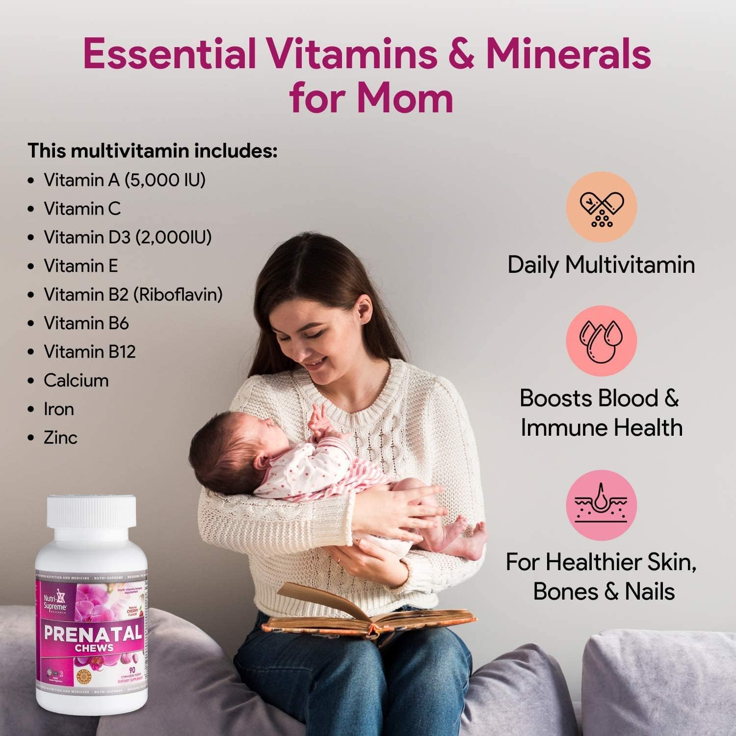 Nutri Supreme Vitaminas Prenatales Masticables – 800 mcg de Folato y Hierro – Sabor Cereza – 90 Comprimidos