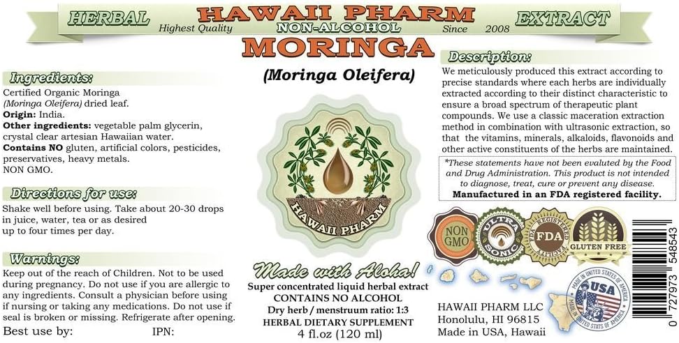 Extracto Líquido de Moringa sin Alcohol de Hawaii Pharm, Moringa (Moringa Oleifera) Glicerita de Hoja, Suplemento Natural, 60 ml