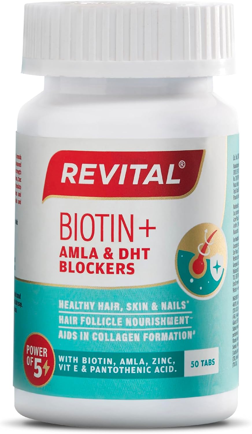 Revital Biotin+ con Amla y Bloqueadores de DHT | Biotina, Amla, Zinc, Vitamina E y Ácido Pantoténico | Apoya la fuerza del cabello y la salud de la piel | 50 Comprimidos