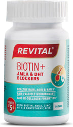 Revital Biotin+ con Amla y Bloqueadores de DHT | Biotina, Amla, Zinc, Vitamina E y Ácido Pantoténico | Apoya la fuerza del cabello y la salud de la piel | 50 Comprimidos